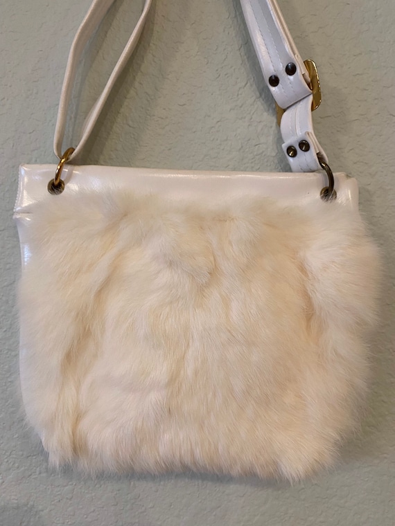Vintage Rabbit Fur Purse Adjustable Strap White Fur Handbag 70s