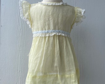 Vintage Honeysuckle Toddler dress and bonnet, sheer yellow and white dress with lace, size 2,