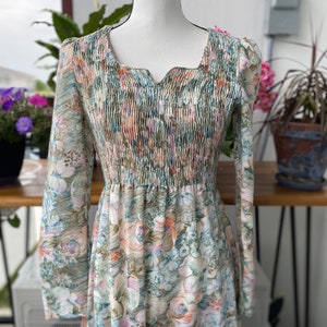 robe vintage Candi Jones California, robe prairie style années 70 à smocks, style Gunne Sax, robe en gaze, robe Coachella