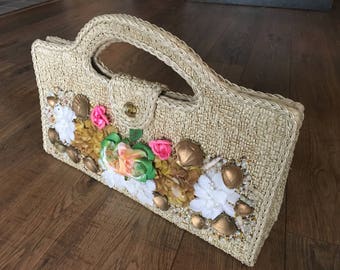 Vintage Faux Stroh Raffia Handtasche, Floral Shell Decor, hergestellt in Japan
