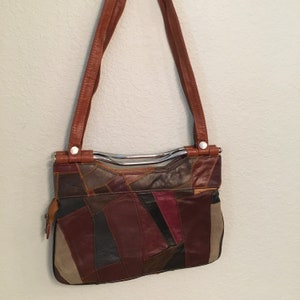 Vintage Patchwork Handtasche, Leder und Lack 70er Jahre Geldbörse, 70er Jahre Boho Tasche, Retro Hipster Geldbörse