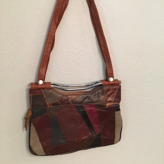 Vintage patchwork handbag, leather and vinyl 70s p