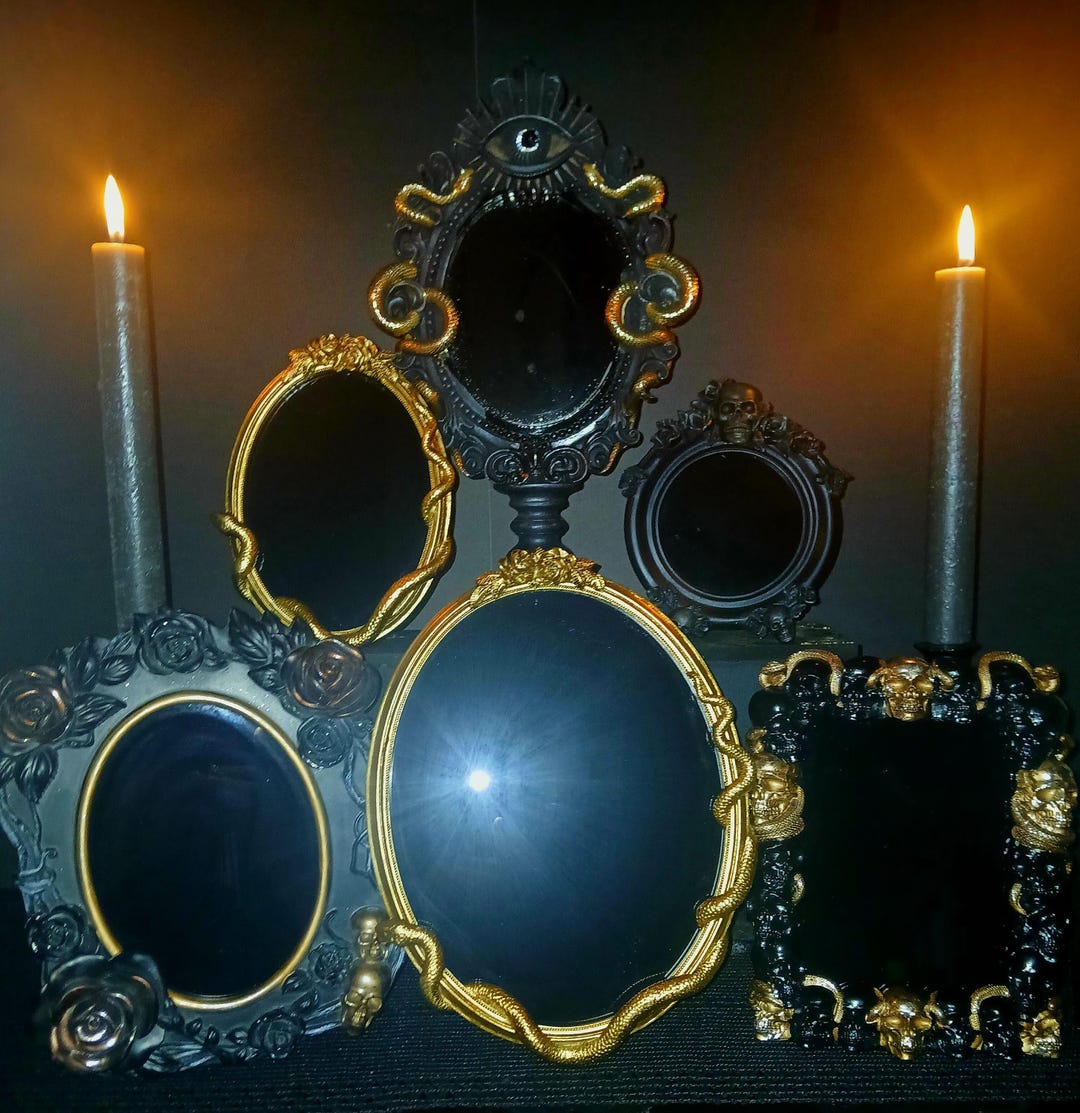 Scrying Design Black Scrying Mirror: Gothic Witchcraft Divination, Skull & Snake ...