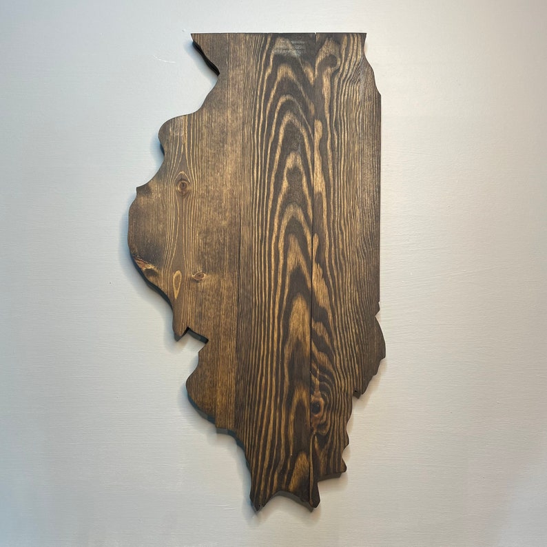 Puede incluir: Un adorno de pared de madera con la forma del estado de Illinois. La madera tiene una mancha marr&oacute;n oscura, con vetas visibles. Los bordes est&aacute;n cortados con precisi&oacute;n y la pieza est&aacute; montada en una pared gris claro.