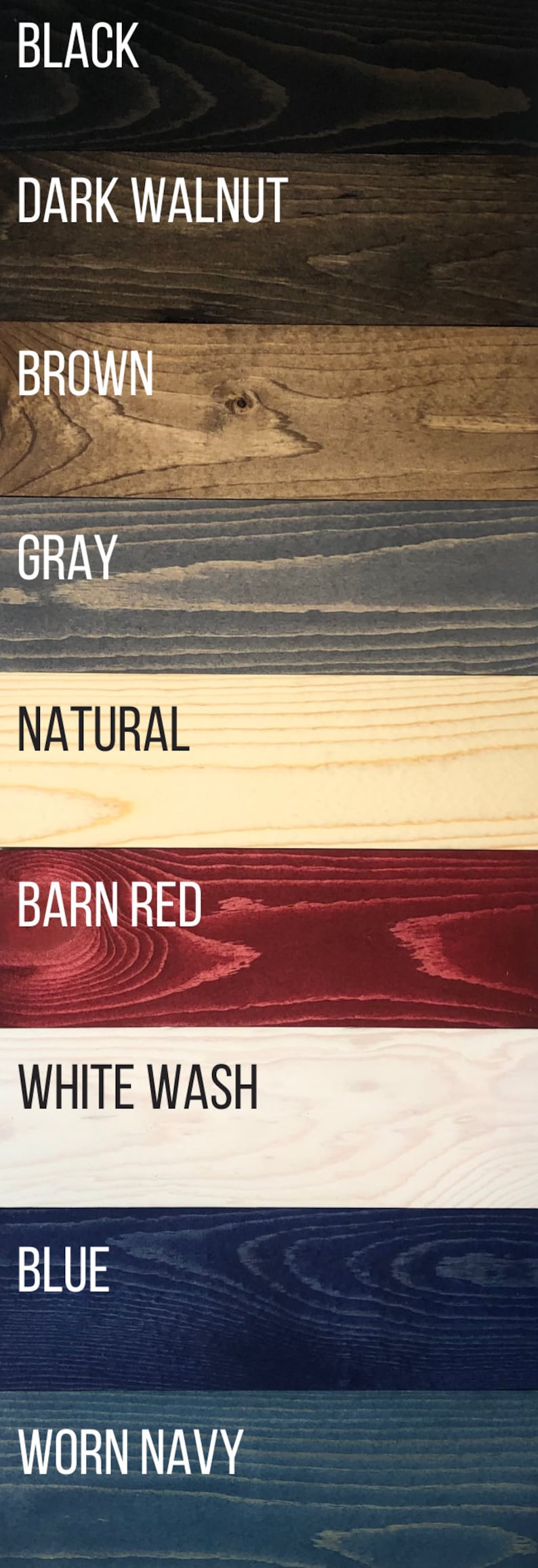 Puede incluir: Una paleta de colores de tinte para madera, con muestras etiquetadas como "BLACK", "DARK WALNUT", "BROWN", "GRAY", "NATURAL", "BARN RED", "WHITE WASH", "BLUE" y "WORN NAVY". Ideal para proyectos de carpinter&iacute;a.