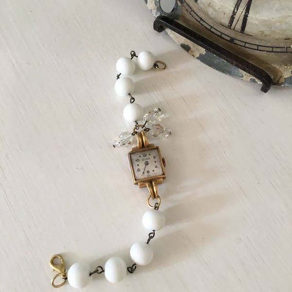 Repurposed Vintage Watch Case and Rosary Bead Bracelet Bridal