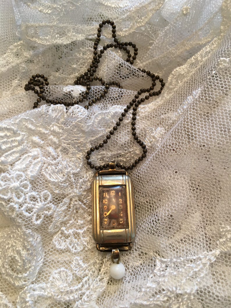 Vintage Watch Case Necklace With White Bead Etsy
