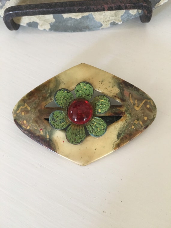 Vintage Tin and Enamel Brooch Pin with Flower