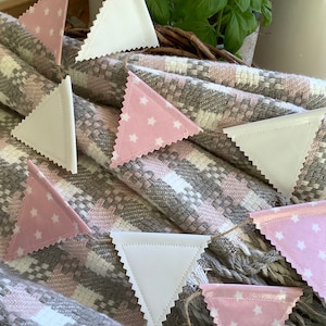 DOUBLE SIDED Handmade adjustable Weather resistant Oilcloth Small/Baby Bunting/Banner, Pink, White, outdoor, indoor