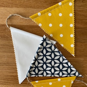 DOUBLE SIDED Handmade Adjustable, weather resistant Oilcloth,pvc bunting/banner Navy, Ochre, white, Outdoor, Indoor Gift idea
