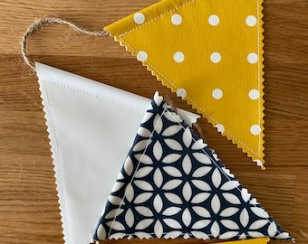 DOUBLE SIDED Handmade Adjustable, weather resistant Oilcloth,pvc bunting/banner Navy, Ochre, white, Outdoor, Indoor