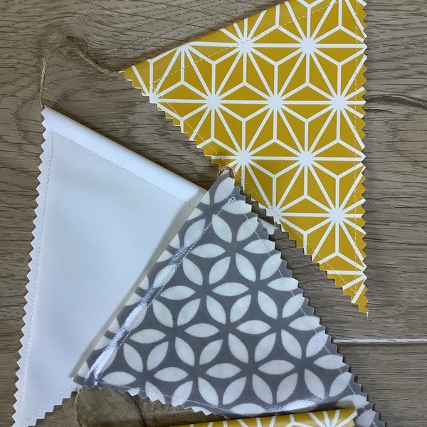 DOUBLE SIDED Handmade, Adjustable weather resistant Oilcloth,pvc Banner/ Bunting, Grey,White,Ochre Wipe Clean. Gift idea, outdoor, indoor