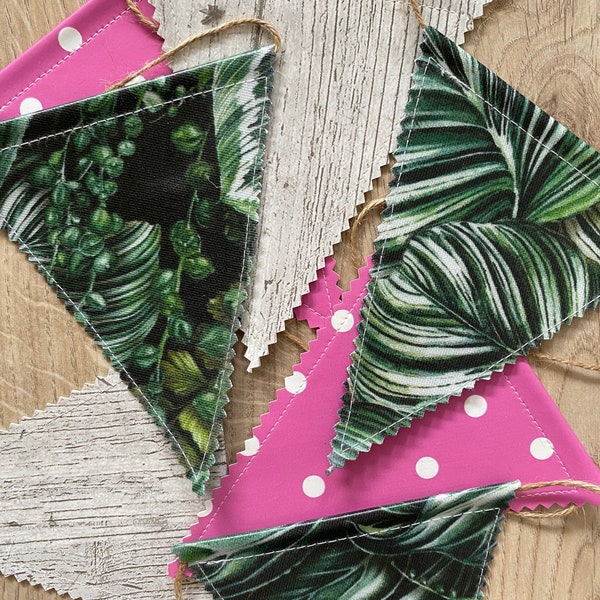 DOUBLE SIDED Handmade Adjustable, weather resistant Oilcloth,pvc bunting/banner,houseplants design,pink,wood effect