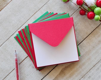 Red and Green Mini Envelopes, Blank Mini Cards, Christmas Envelopes, Bridal Shower Advice Cards, Set of 10, 3in x 3in