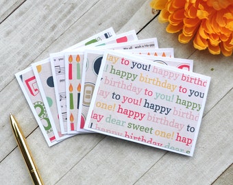 Assorted Birthday Mini Cards, Blank Birthday Cards, Favor Cards, Small Stationery, Enclosure Cards, Set of 6