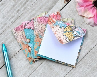 World Map Mini Envelopes, Travel Cards, Blank Cards, Patterned Envelopes, Small Stationery, Enclosure Cards, Set of 4