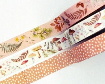 Mushroom Washi Tape, Leaves Tape, Polka Dots, Planner Washi Tape, Floral Craft Tape, Decorative Craft Tape, Scrapbook Embellishment