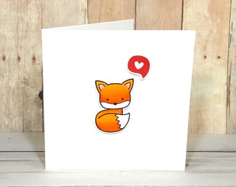 Fox Greeting Card, Cute Fox Card, Love Greeting Card, Anniversary Card, Encouragement Card, Hand Stamped Love, 4x4