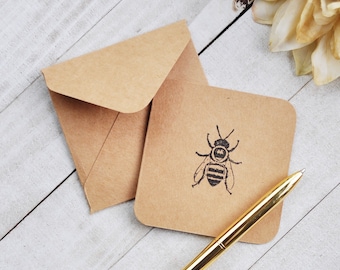 Stamped Bee Mini Cards, Blank Honey Bee Cards, Bee Keeper Cards, Enclosure Cards, Favor Cards, Small Stationery, Set of 4, 3"x3"