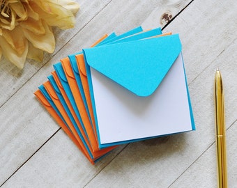 Teal and Orange Mini Envelopes, Blank Mini Cards, Favor Cards, Advice Cards, Set of 10