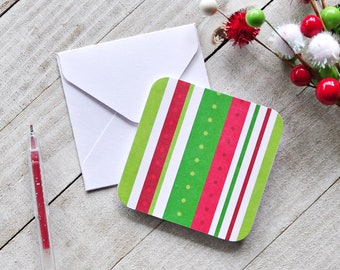Red And Green Mini Cards, Christmas Cards, Striped Cards, Enclosure Cards, Gift Tags, Small Patterned Cards, Set of 4