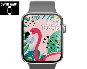 May include: A gray smartwatch with a pink flamingo and tropical leaves watch face. The time is 10:56 and the date is SUN 30.