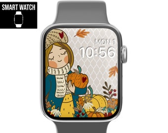 May include: A gray smartwatch face with a cartoon illustration of a girl holding a pumpkin. The background is a light gray with a pattern of small squares. The time is 10:56 and the day is Monday. The text "AUTONNE WATCH FACE" is at the bottom of the screen.