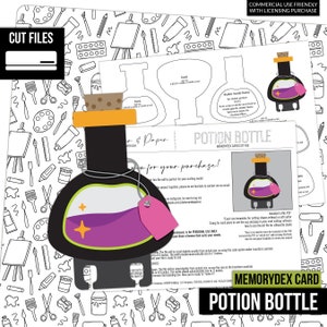May include: Printable Memorydex card cut file for a potion bottle. The file includes a front, back, and shaker piece. The potion bottle is black with a purple liquid and a green and yellow stopper. The text "POTION BOTTLE" is in black and white.
