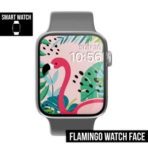 May include: A gray smartwatch with a pink flamingo and tropical leaves watch face. The time is 10:56 and the date is SUN 30.