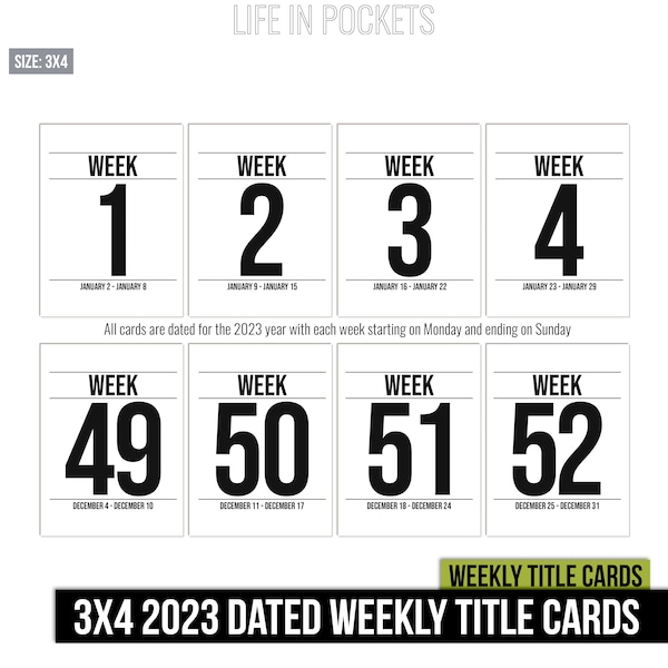 DIGITAL | Life in Pockets - 2023 Dated Weekly Title Cards - Project Life App Ready