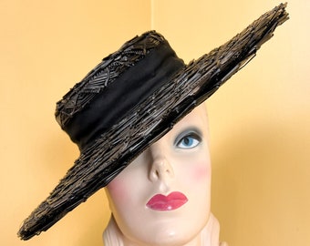 RESERVED ON LAYAWAY do not buy // vintage 1940s hat // glossy chunky woven black straw 40s sun hat by New York Creation