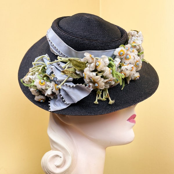 vintage 1930s hat // finely woven midnight navy straw 30s tilt hat // fluffy chenille millinery flowers + ice blue band // size 22.5