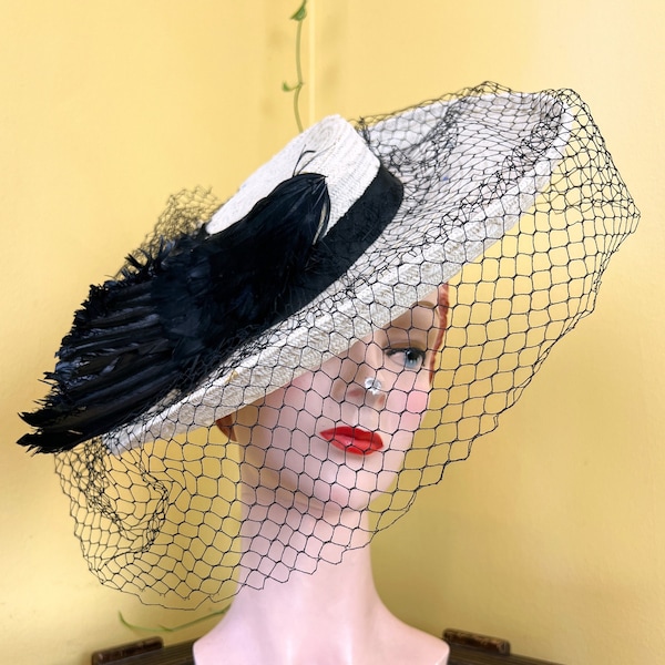 vintage 1940s hat // dramatic white straw 30s - 40s cusp tilt hat // giant black feather wings + honeycomb veiling // new york creation
