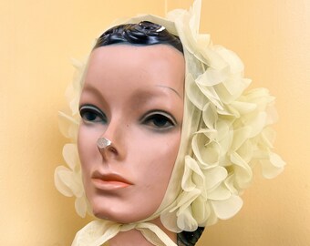 vintage 1950s headscarf // yellow self-fabric floral bloom white organza 50s - 60s hat // triangular scarf + ties under chin or hair
