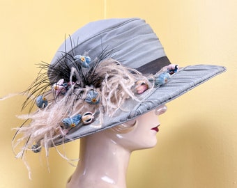 vintage 1920s hat // IMMACULATE grey silk mid 20s cloche // elaborate pink, black + blue feathers + flowers spray // size 22 - snug 23