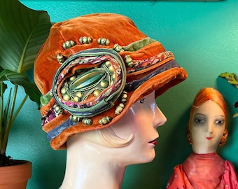 vintage 1920s hat // orange, green + blue velveteen teens - 20s cusp cloche // early celluloid details + lamé detail + deadstock with tags