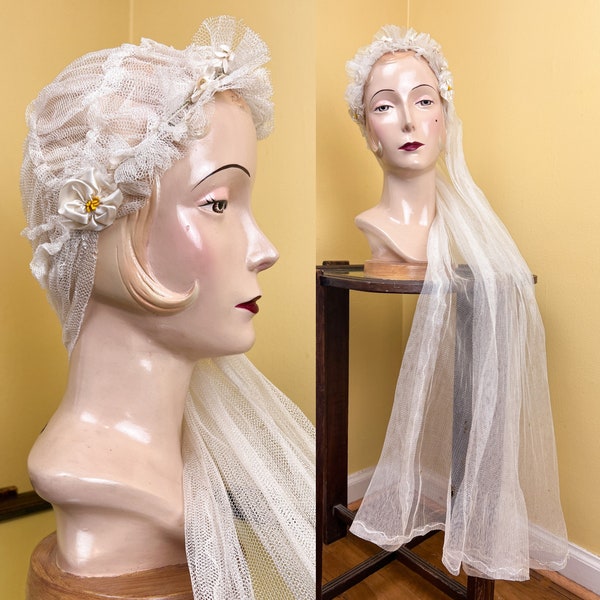 vintage 1920s bridal veil // ivory rayon tulle Juliet cap + large fabric flowers deco wedding veil // single layer + medium length