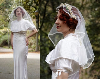 vintage 1930s wedding dress // shiny white celanese rayon satin 30s bias cut bridal gown // depression-era darling // size S - M