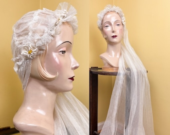 vintage 1920s bridal veil // ivory rayon tulle Juliet cap + large fabric flowers deco wedding veil // single layer + medium length