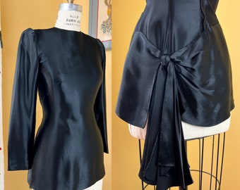 vintage 1940s blouse // designer Eisenberg Originals black rayon liquid satin 40s cocktail blouse // swag draped back hip // size S