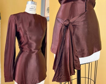 vintage 1940s blouse // designer Eisenberg Originals brown rayon liquid satin 40s cocktail blouse // swag draped back hip // size S