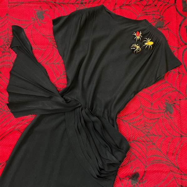 vintage 1940s dress // black rayon crepe 1940s dress // shirred shoulders + hip swag drape // 28" - 30" waist