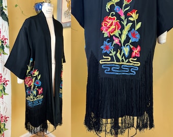 vintage 1920s jacket // embroidered black piano shawl-style 20s silk jacket // long fringe hemline + wide kimono sleeves