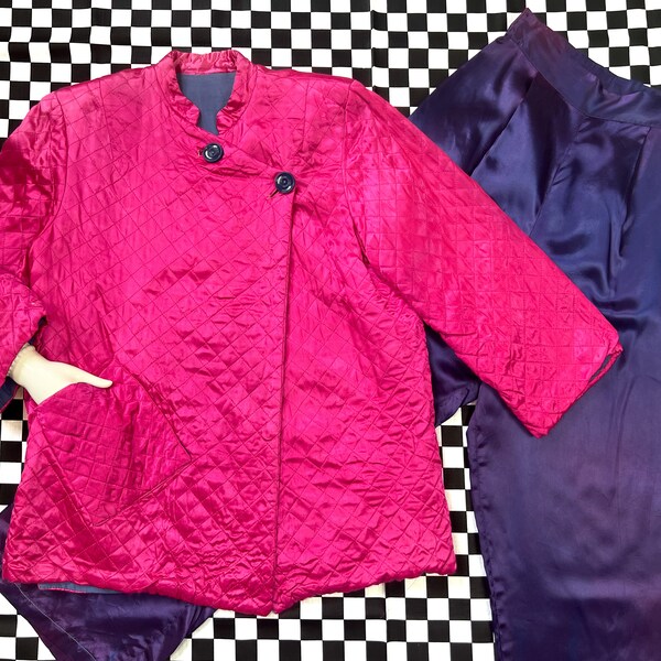 vintage 1940s loungewear // hot pink + purple color block rayon satin 40s pajama set // quilted jacket + palazzo pants // AS IS // 24" waist