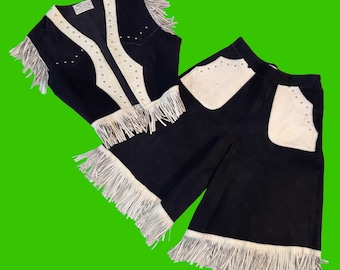 vintage 1940s western set // studded black suede & white leather 40s vest + split-skirt cowgirl set by Desert Suedes // 30" waist