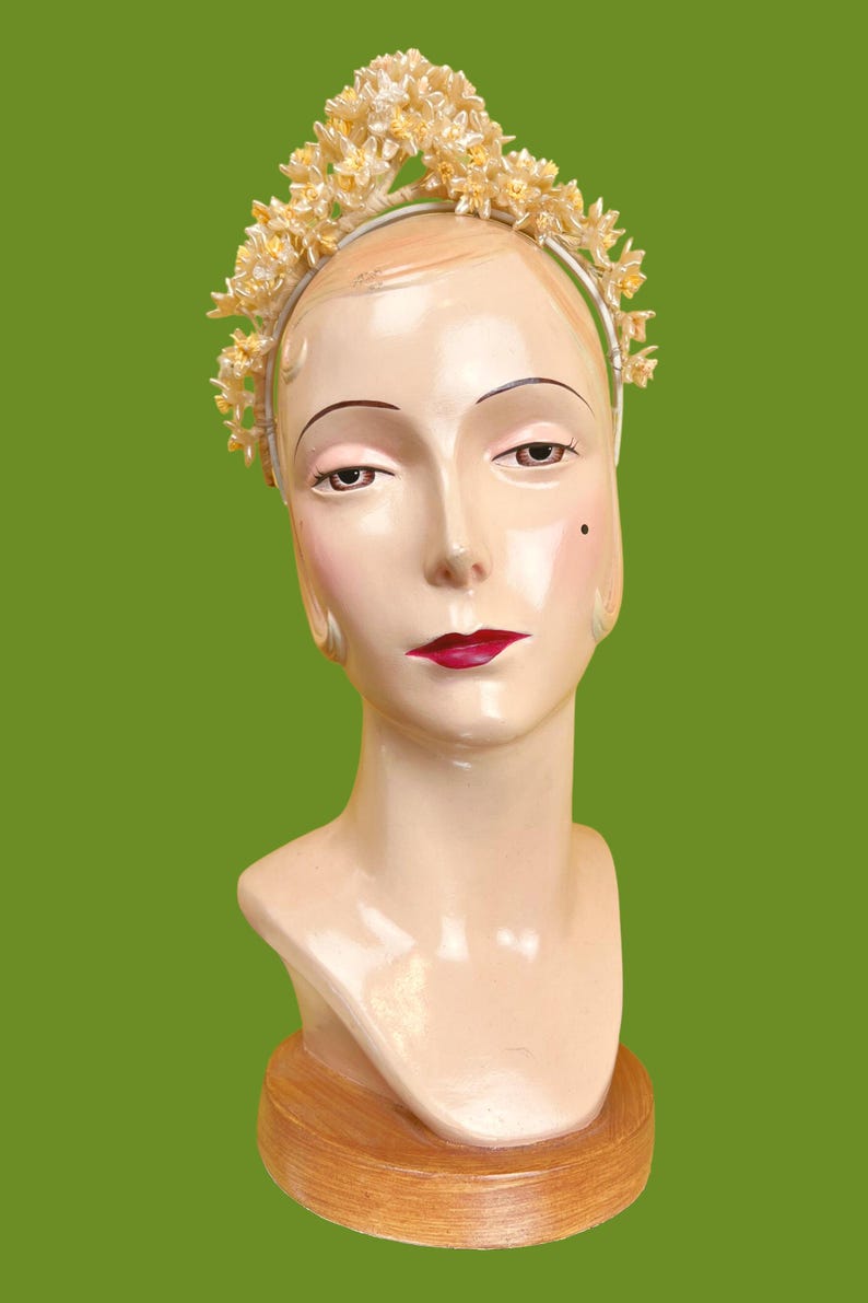 vintage 1920s bridal crown // tall face-framing halo pearly wax flower 20s wedding headdress image 4