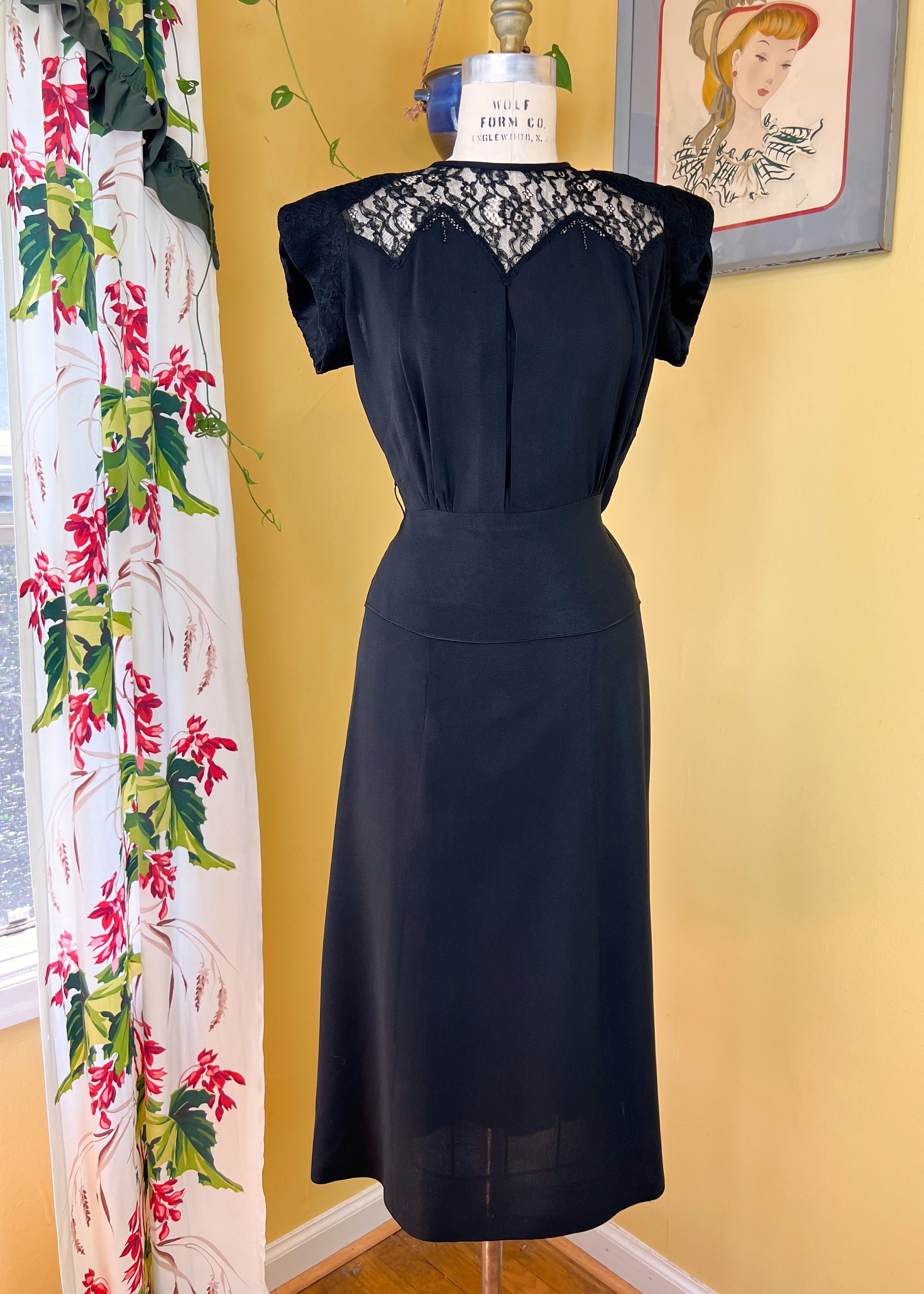 Vintage 1940s Dress // Black Rayon Crepe + Charmeuse Satin