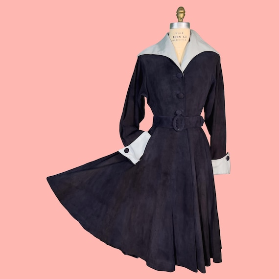 vintage 1950s coat // navy blue suede + ice blue leather 50s New Look coat dress // matching belt + full circle skirt // 26" waist