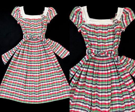 vintage 1940s dress // green, red, black + white … - image 1