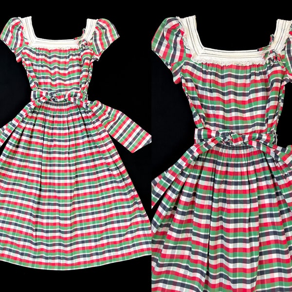 vintage 1940s dress // green, red, black + white plaid cotton puff sleeve early 40s day dress // peaked padded puff sleeves + wide sash belt